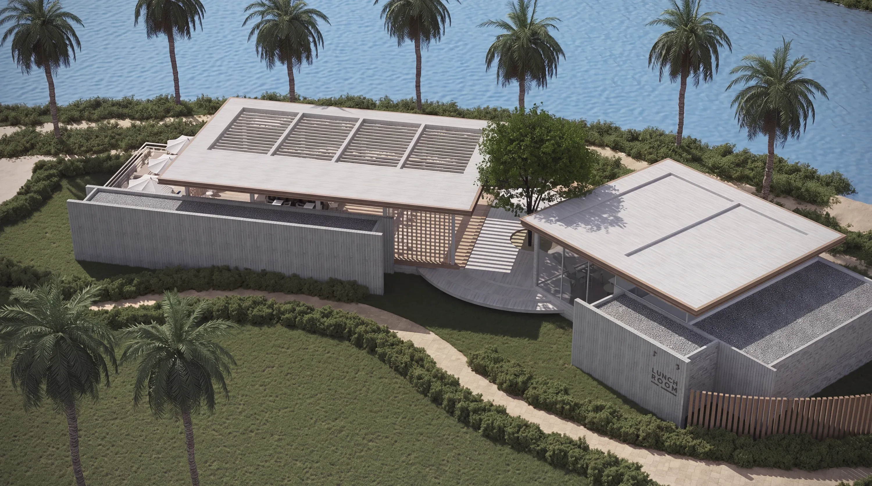 Rendering of a lakeside pavilion with two flat roofs among palms