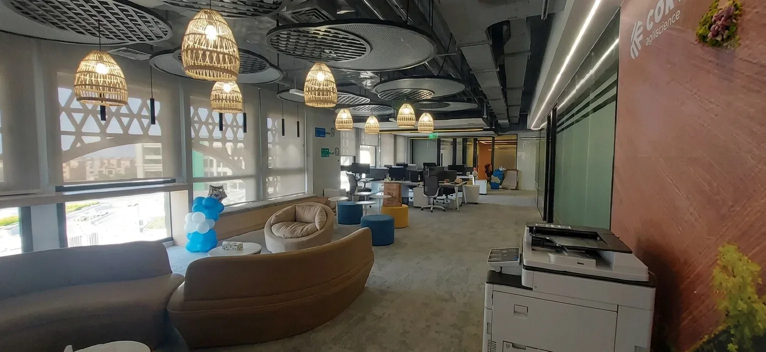 Lounge area with rattan pendants and curved sofas beside open desks