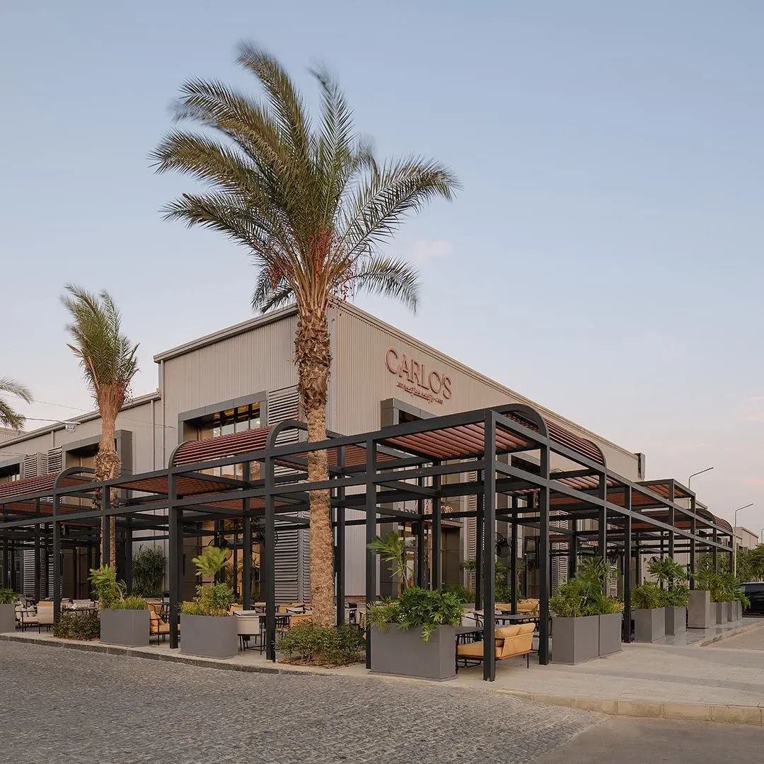 Carlo's building exterior with palm trees and a black steel pergola at dusk