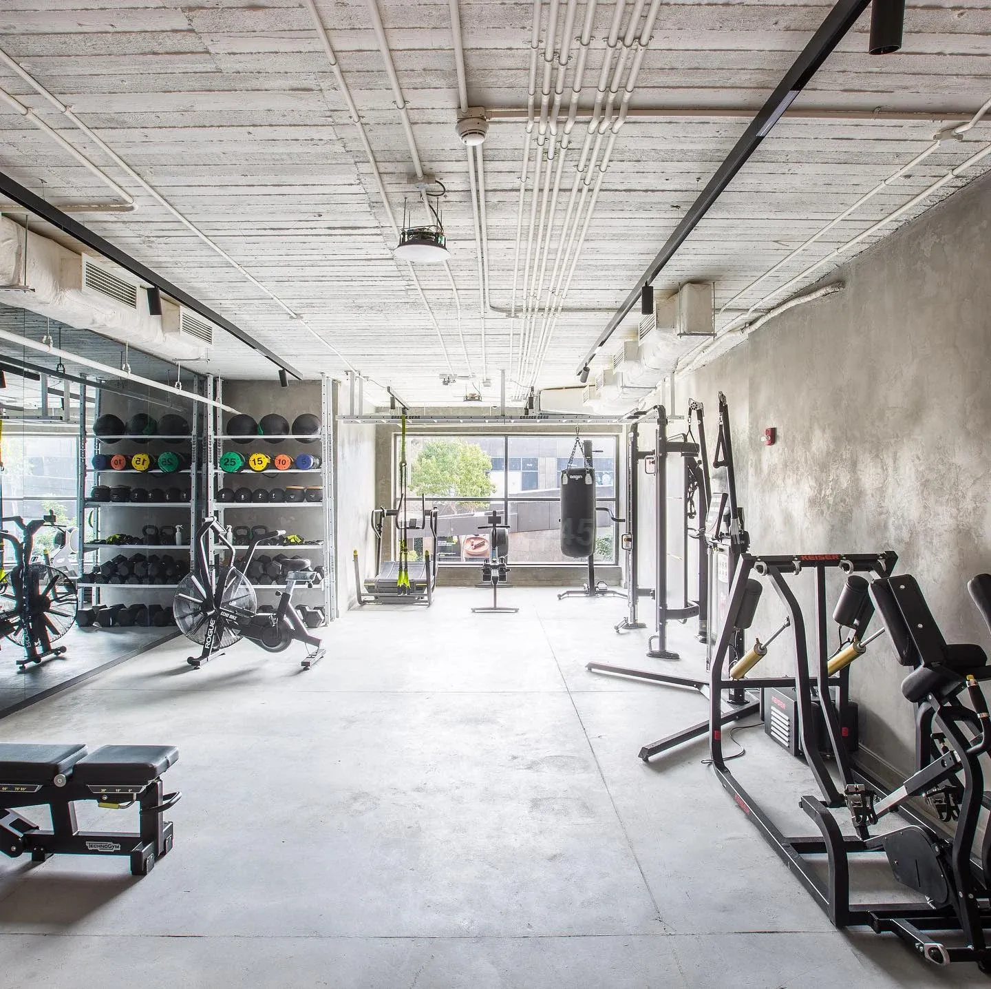Free-weight area with rack and plates on a concrete floor