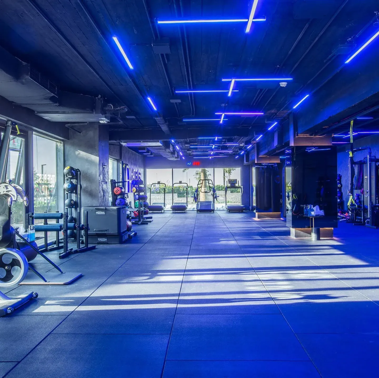 Gym hall lit by blue ceiling lines and blue floor light