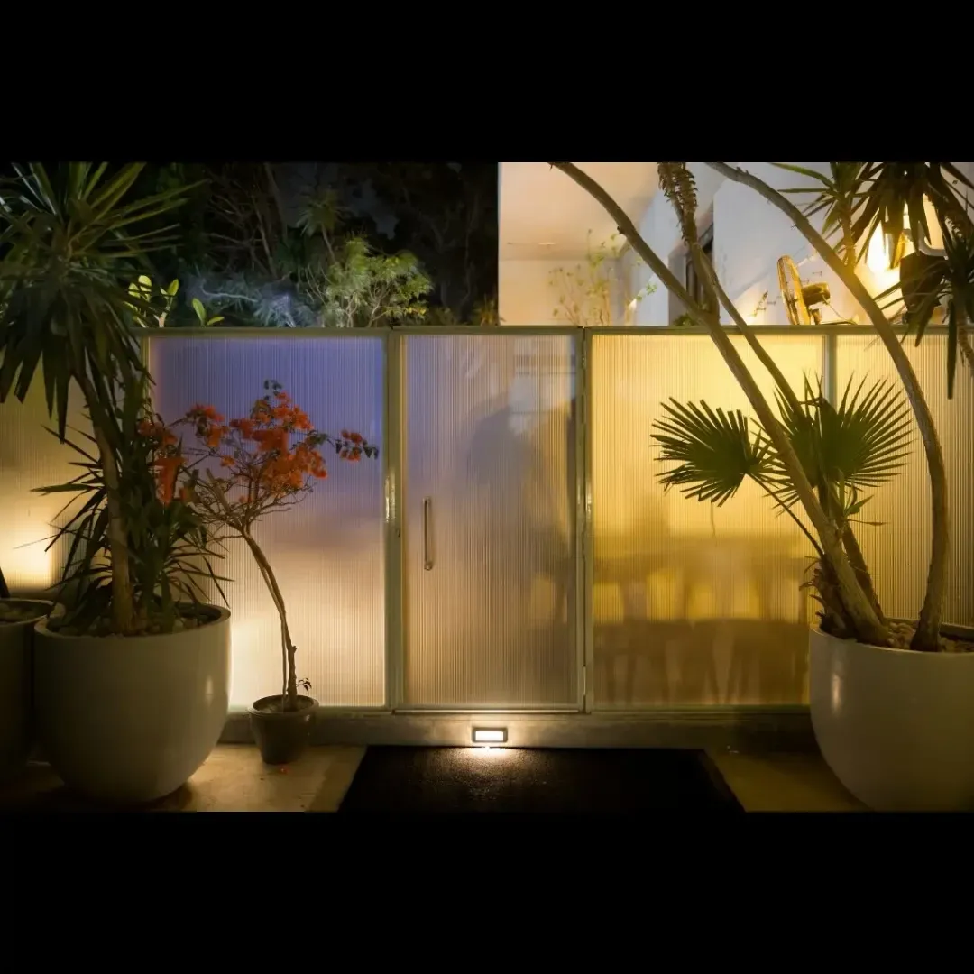 Frosted glass door softly lit at night behind potted palms