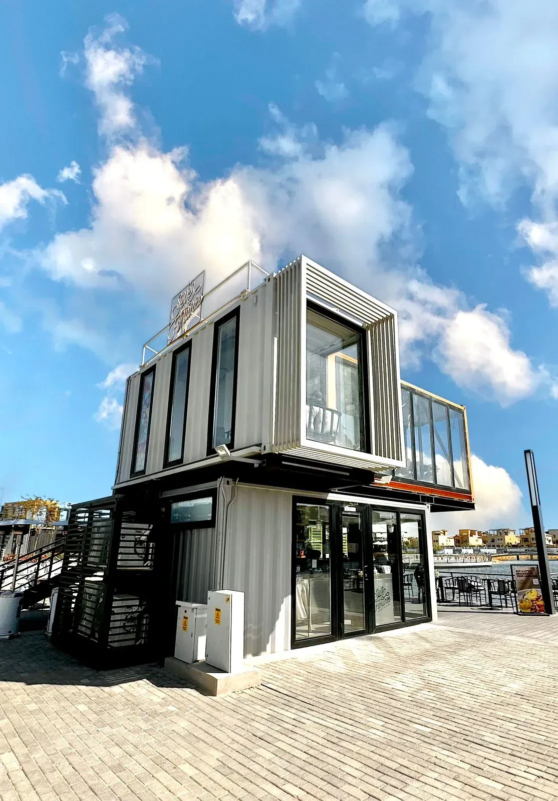 Corner of the two-level cafe seen from the paved deck