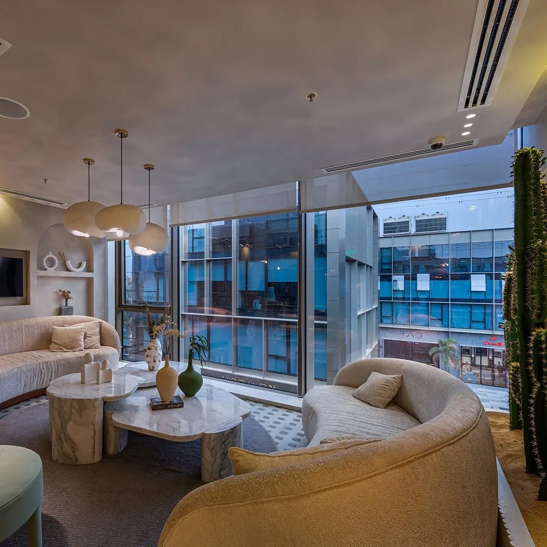 Lounge beside the window with curved sofas and a tall cactus